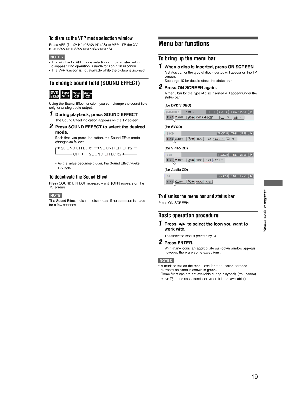 JVC XV-N315B Menu bar functions, To change sound field Sound Effect, To bring up the menu bar, Basic operation procedure 