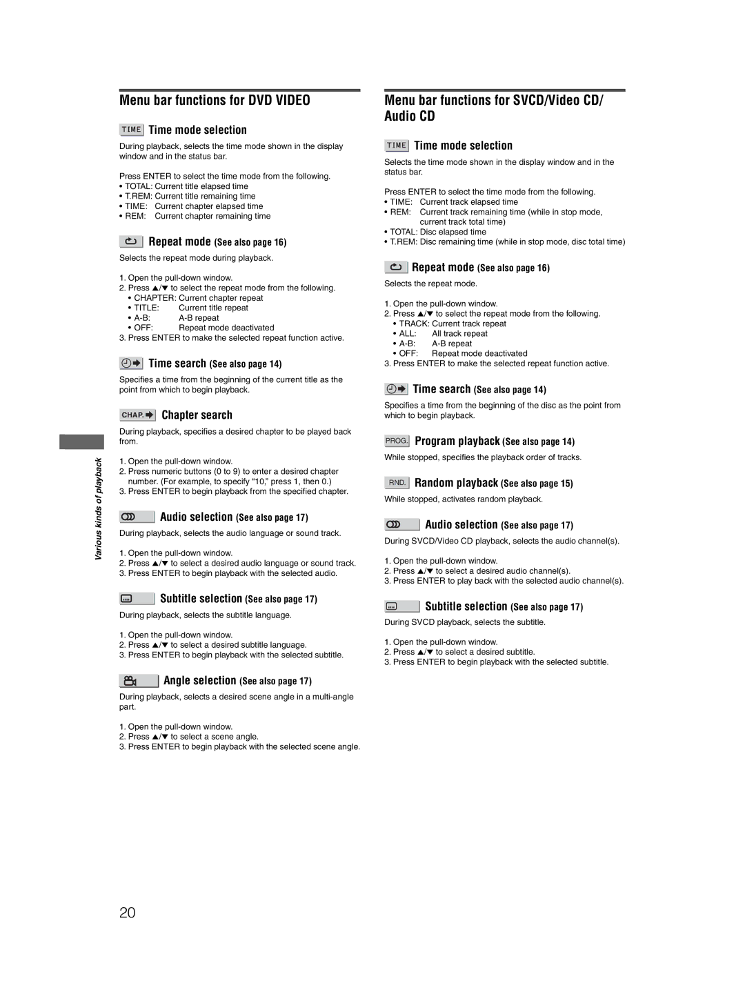 JVC XV-N210B, XV-N315B, XV-N316S manual Menu bar functions for DVD Video, Menu bar functions for SVCD/Video CD/ Audio CD 