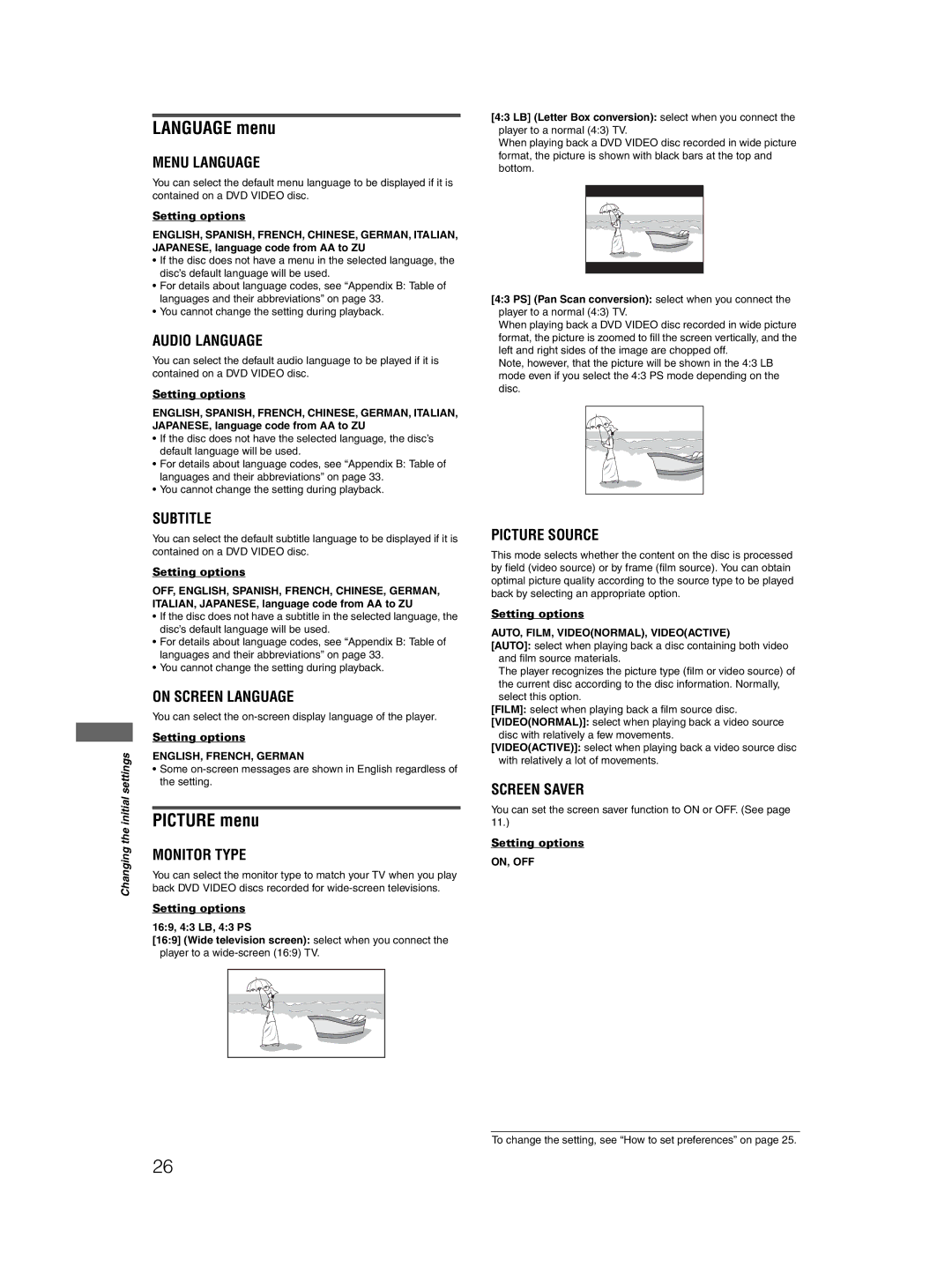 JVC XV-N210B, XV-N315B Language menu, Picture menu, ENGLISH, FRENCH, German, AUTO, FILM, VIDEONORMAL, Videoactive, On, Off 