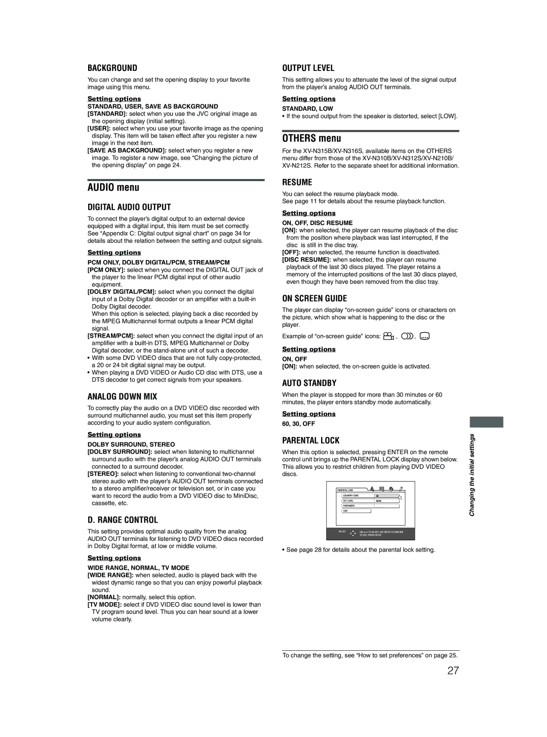 JVC XV-N316S, XV-N315B, XV-N210B manual Audio menu, Others menu 