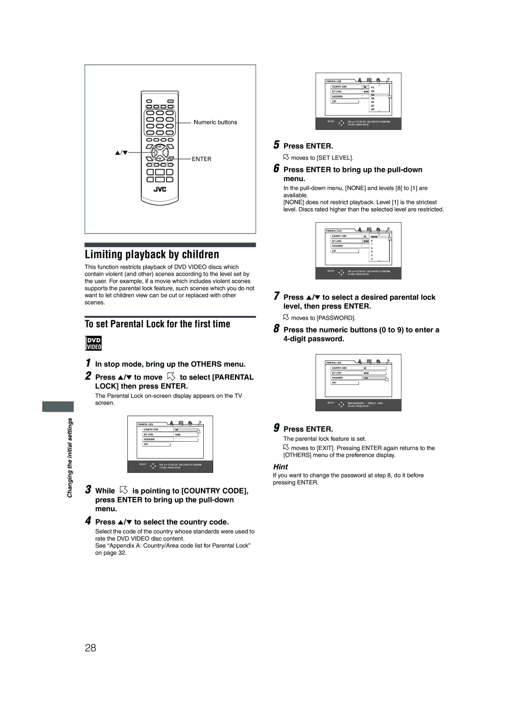 JVC XV-N315B Limiting playback by children, To set Parental Lock for the first time, Stop mode, bring up the Others menu 