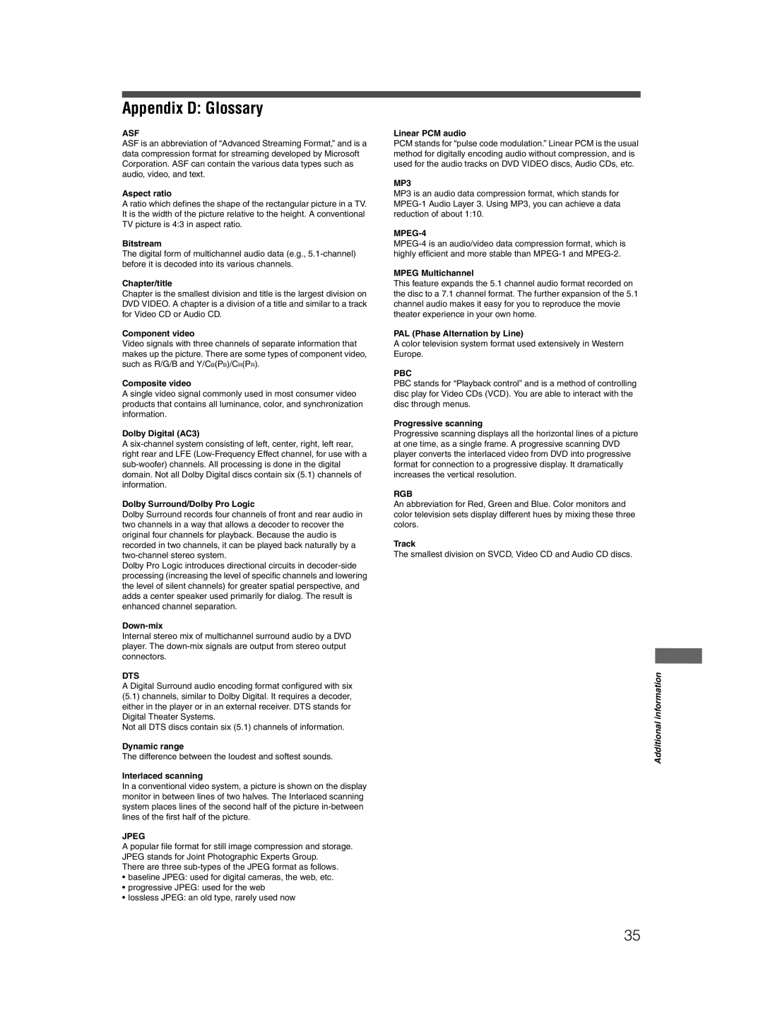 JVC XV-N210B, XV-N315B, XV-N316S manual Appendix D Glossary 