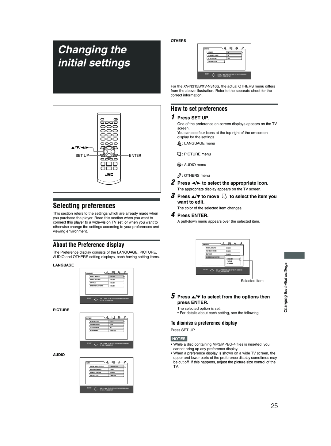 JVC XV-N315B Changing the initial settings, Selecting preferences, About the Preference display, How to set preferences 