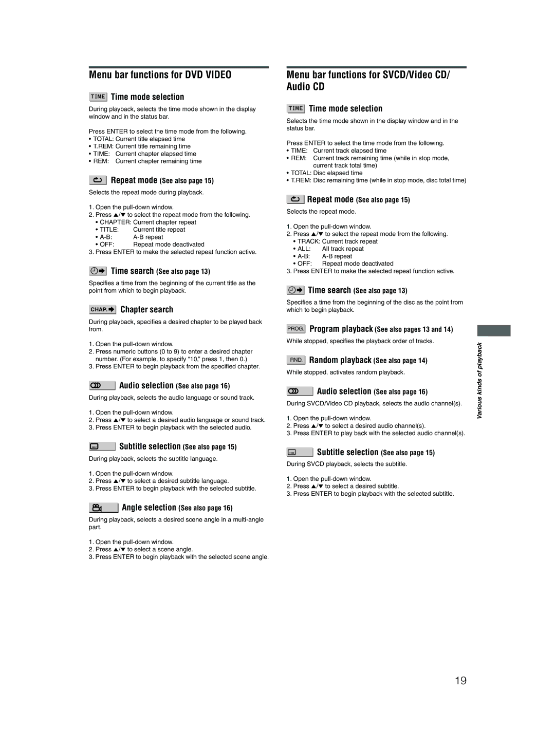 JVC GNT0042-001A Menu bar functions for DVD Video, Menu bar functions for SVCD/Video CD/ Audio CD, Time mode selection 