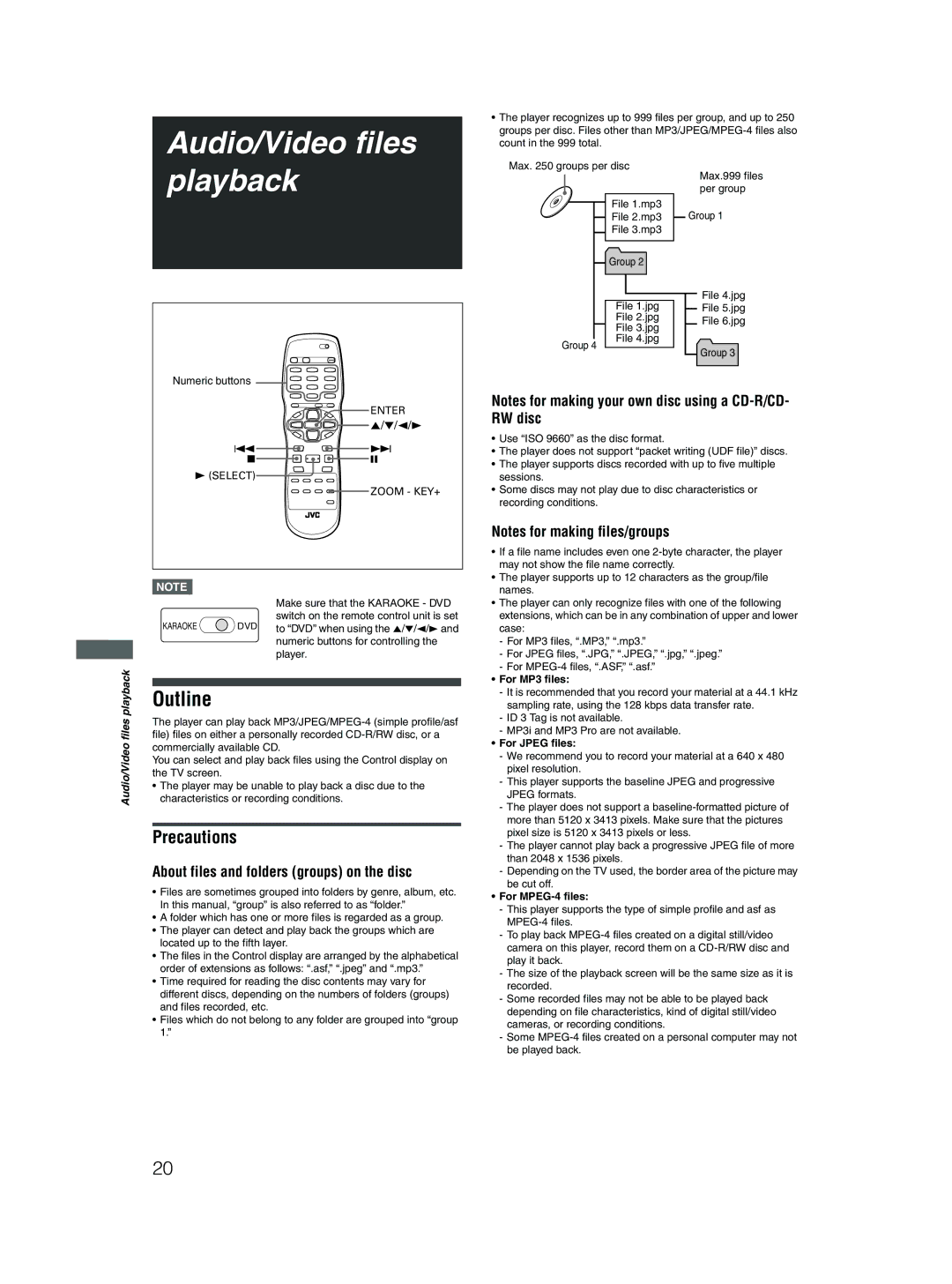 JVC XV-N318S, GNT0042-001A Audio/Video files, Playback, Outline, Precautions, About files and folders groups on the disc 