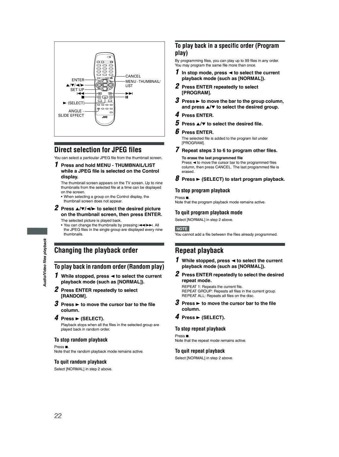 JVC XV-N318S manual Direct selection for Jpeg files, To play back in a specific order Program play, To stop random playback 