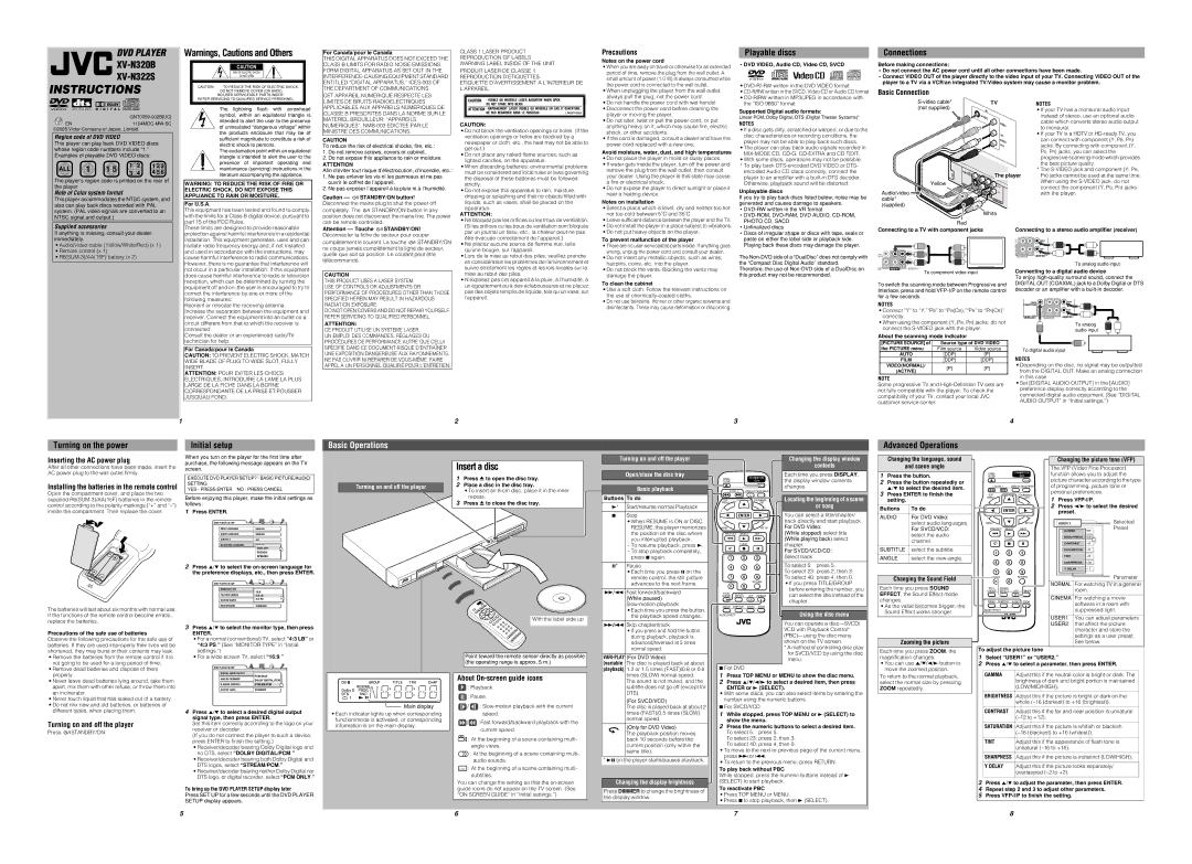 JVC XV-N322S user service Precautions, Basic Connection, Inserting the AC power plug, Turning on and off the player 