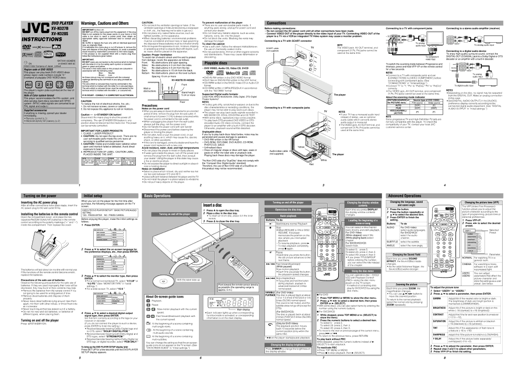 JVC XV-N328S user service XV-N327B, Turning on the power Initial setup, Important for Laser Products 