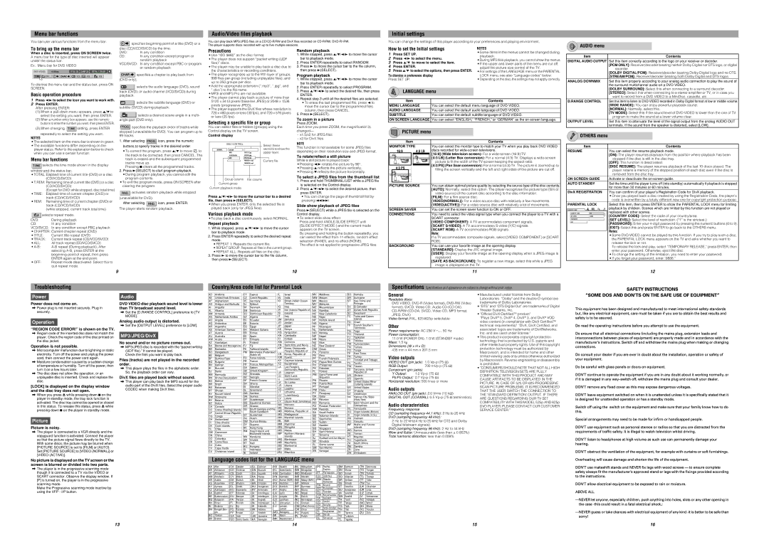 JVC XV-N328S user service Troubleshooting Country/Area code list for Parental Lock, Picture, MP3/JPEG/DivX 