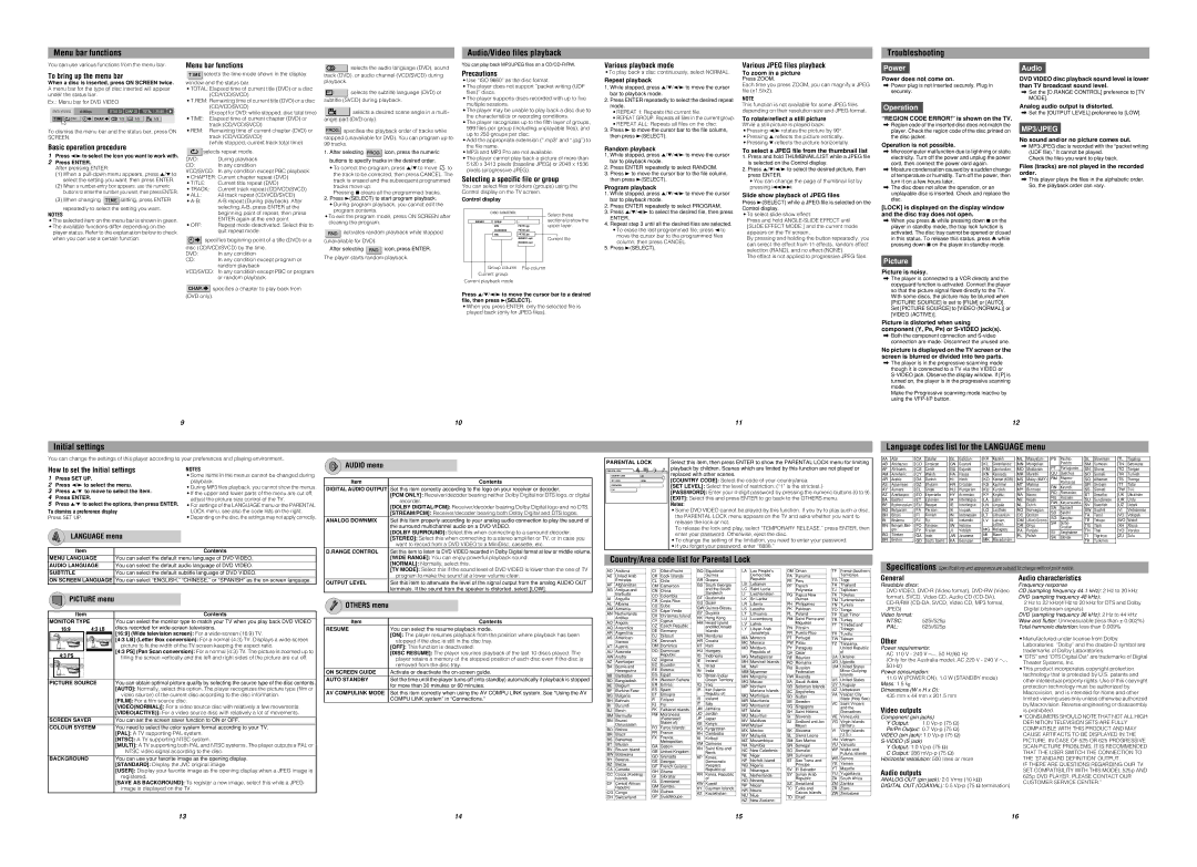 JVC XV-N328S user service Language codes list for the Language menu, Audio menu, Colour System 