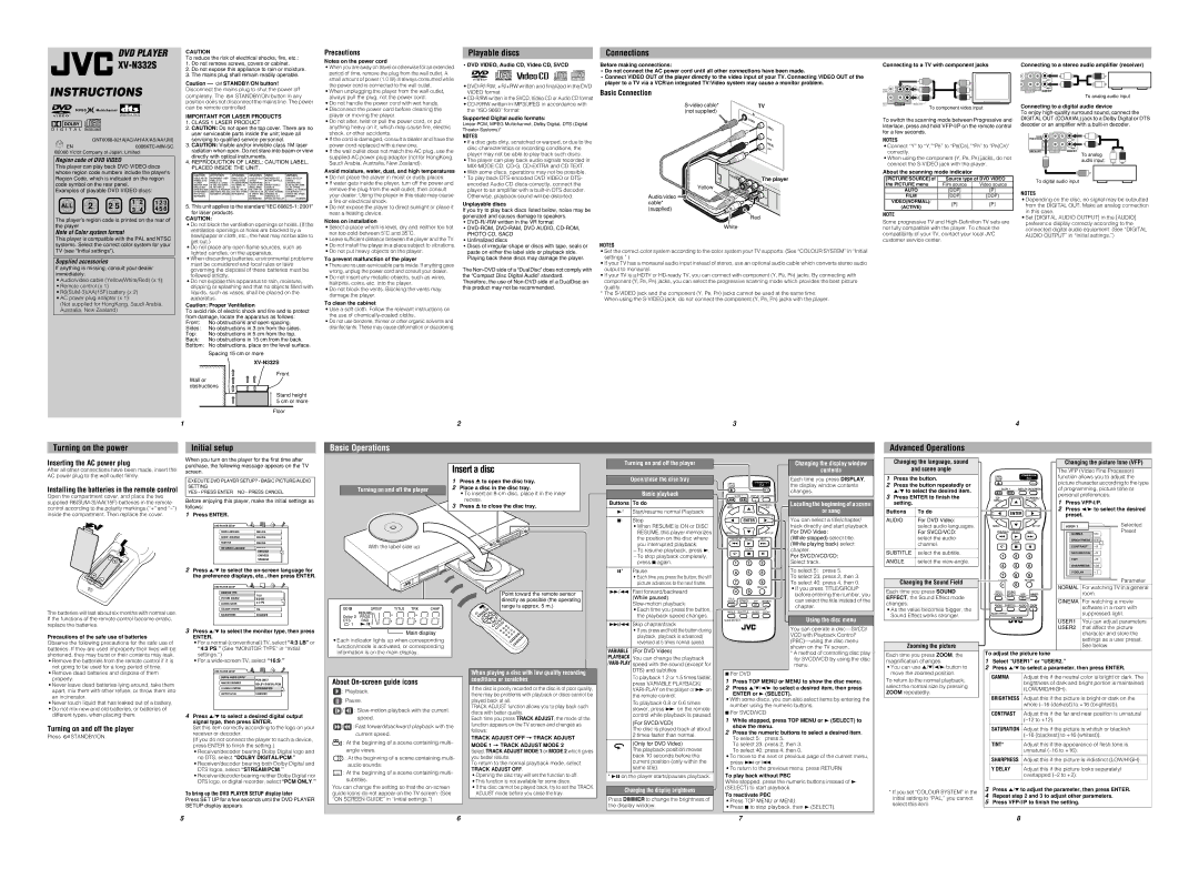 JVC XV-N332S user service Precautions, Basic Connection, Inserting the AC power plug, Turning on and off the player 