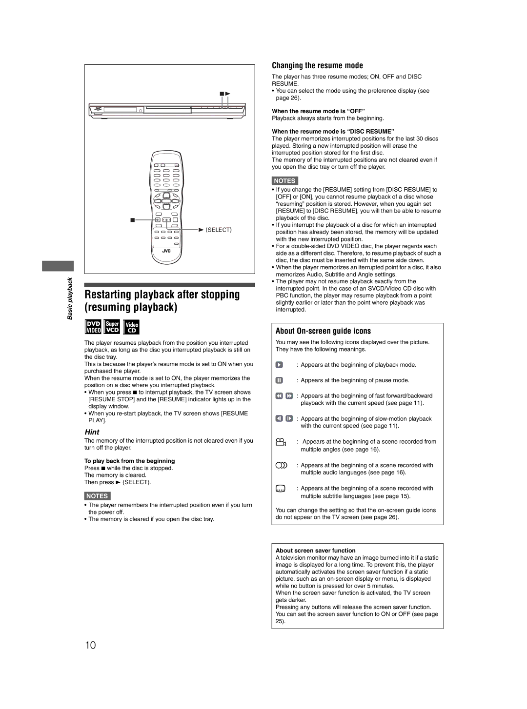 JVC XV-N410B Restarting playback after stopping resuming playback, Changing the resume mode, About On-screen guide icons 