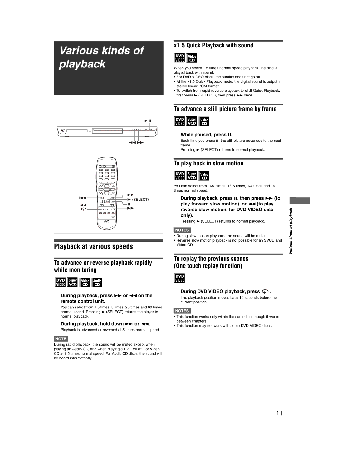 JVC XV-N410B manual Various kinds of playback, Playback at various speeds 