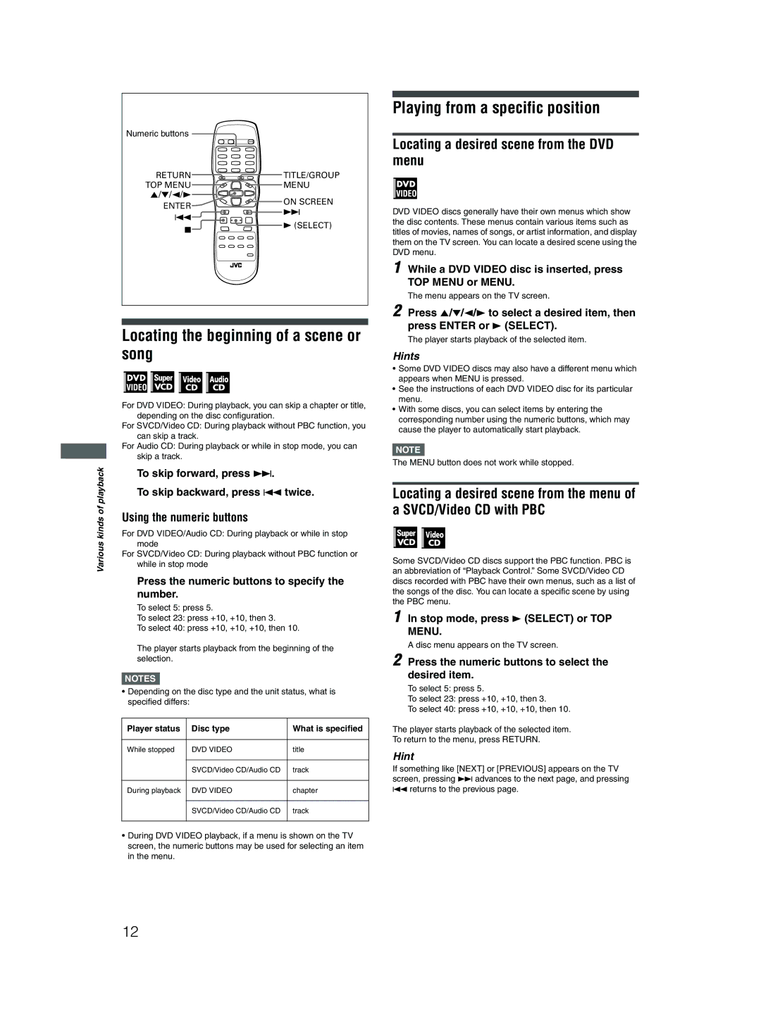 JVC XV-N410B manual Locating the beginning of a scene or song, Playing from a specific position, Using the numeric buttons 