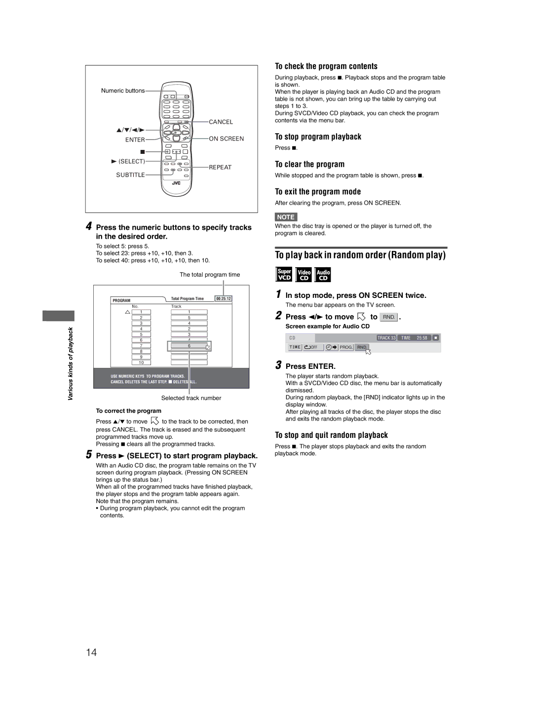 JVC XV-N410B manual To play back in random order Random play, To stop program playback, To clear the program 