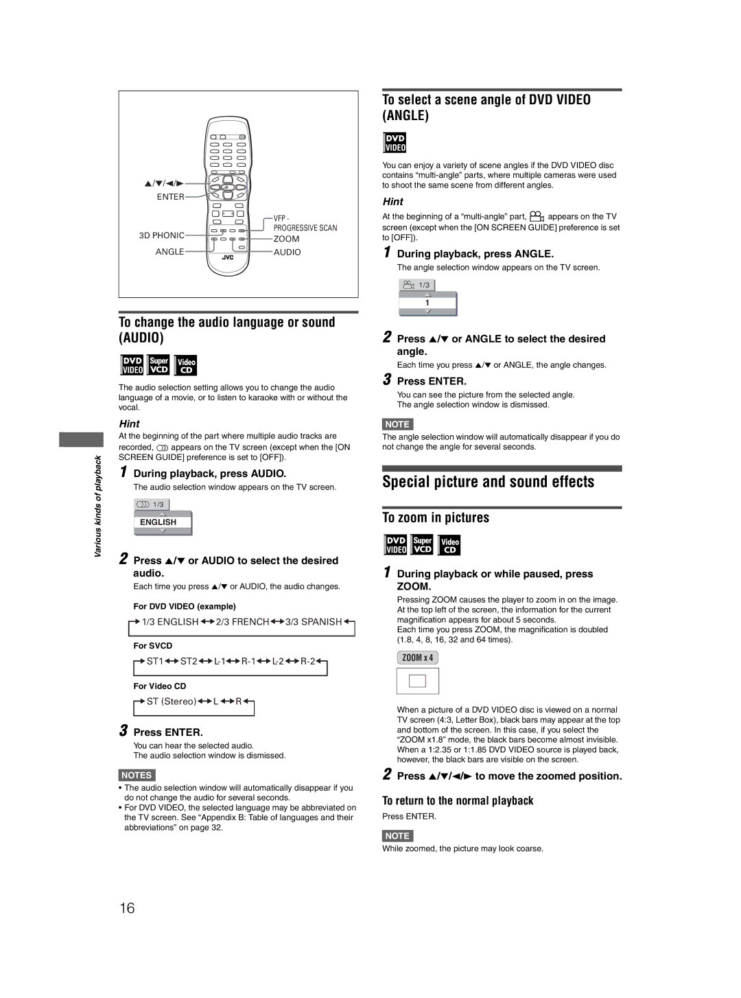 JVC XV-N410B manual Special picture and sound effects, To change the audio language or sound Audio, To zoom in pictures 