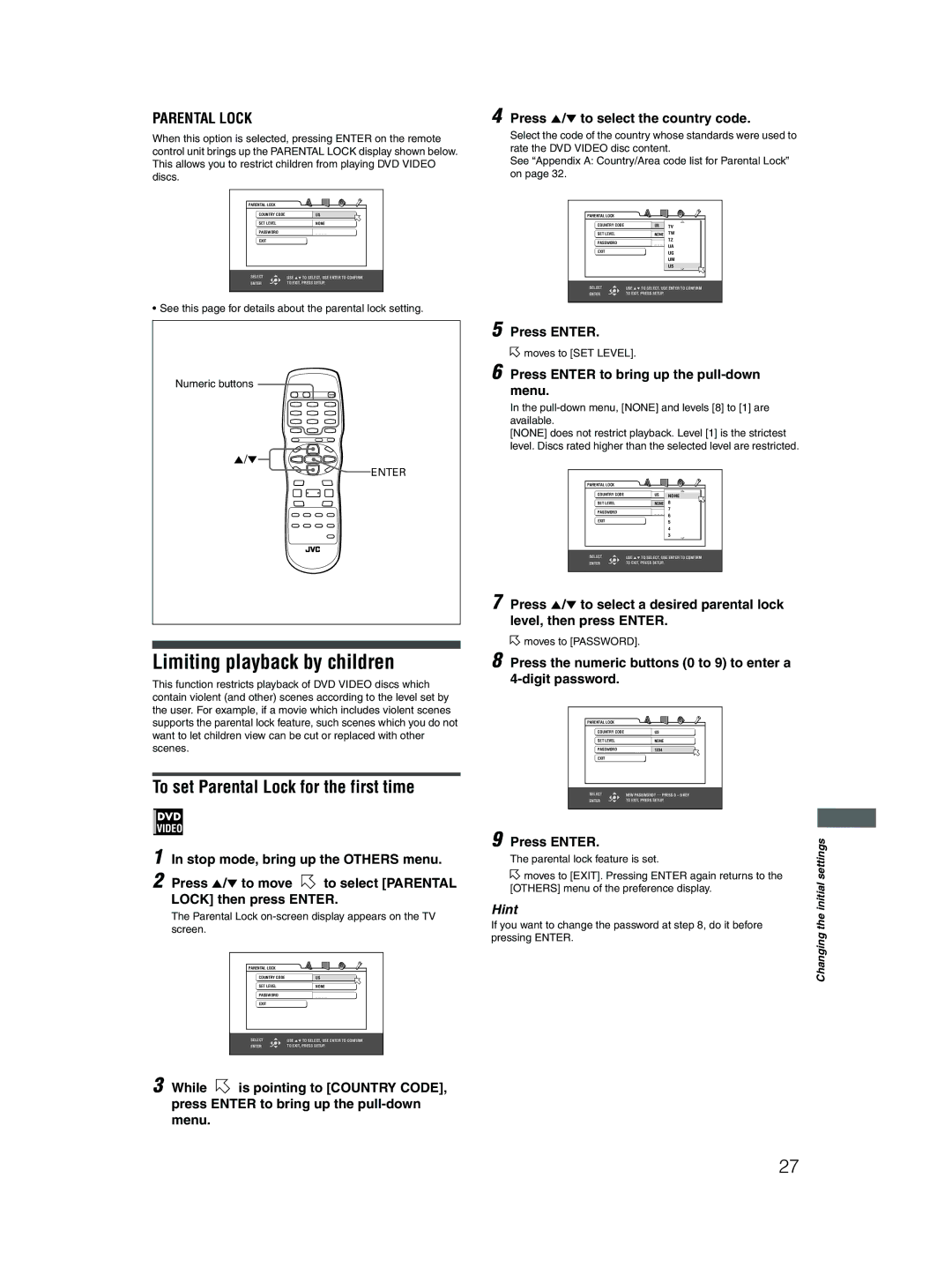 JVC XV-N410B Limiting playback by children, To set Parental Lock for the first time, Stop mode, bring up the Others menu 