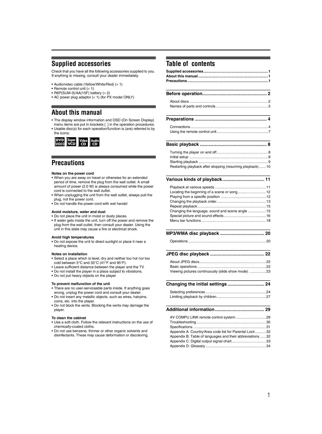 JVC XV-N410B Supplied accessories, About this manual, Table of contents, Precautions 