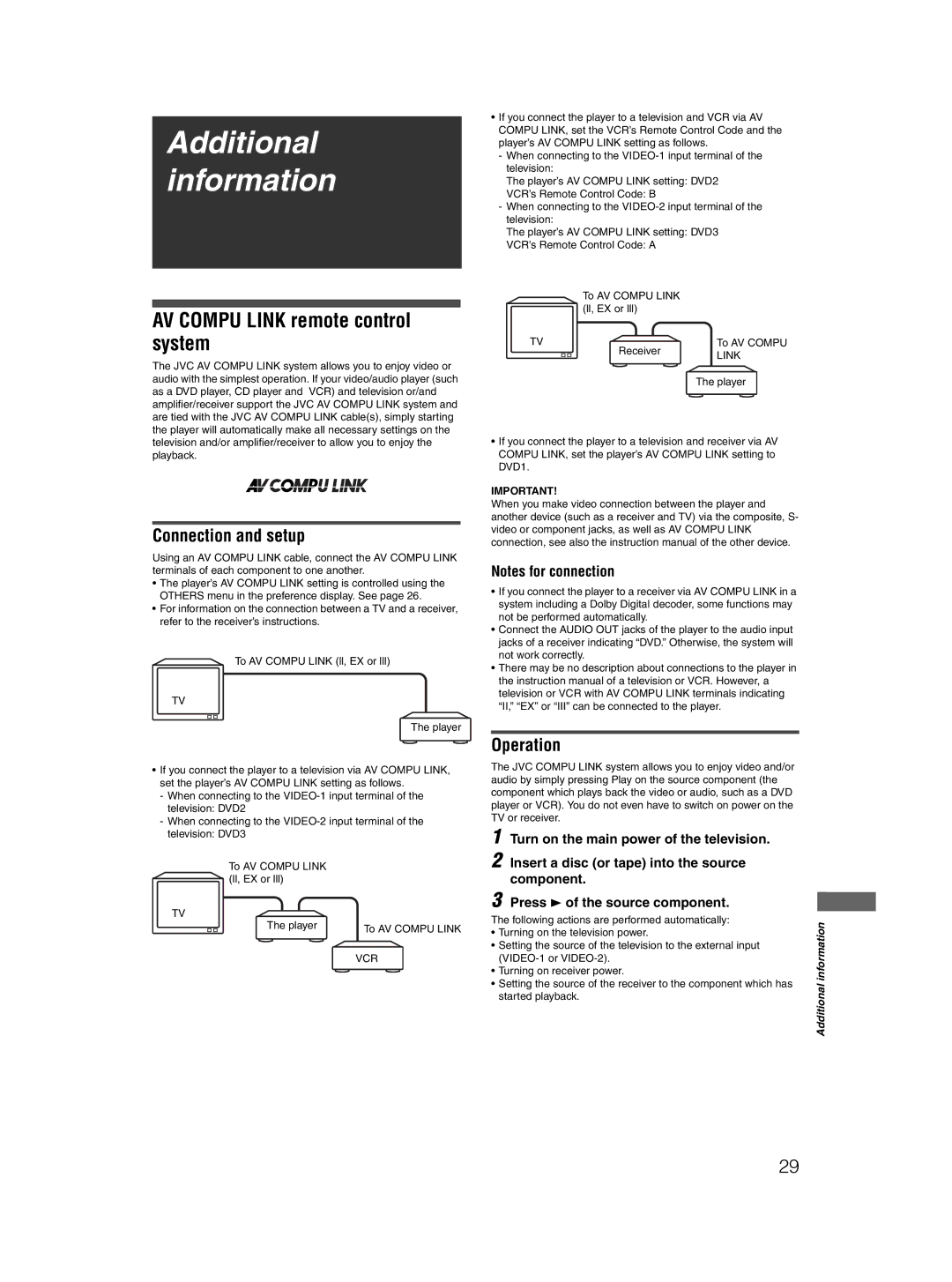 JVC XV-N410B manual Additional information, AV Compu Link remote control system, Connection and setup, Operation 