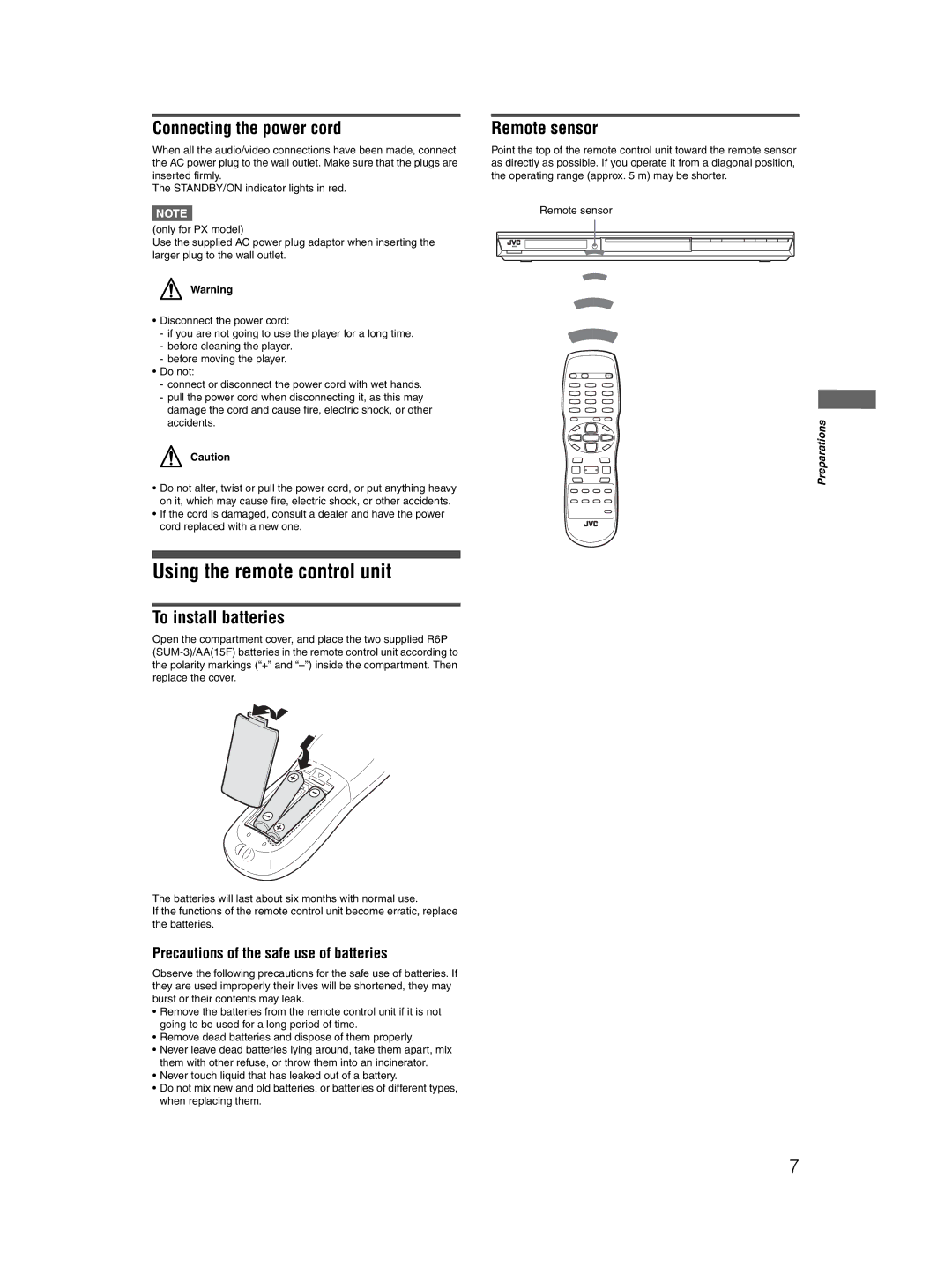 JVC XV-N410B manual Using the remote control unit, Connecting the power cord, To install batteries, Remote sensor 