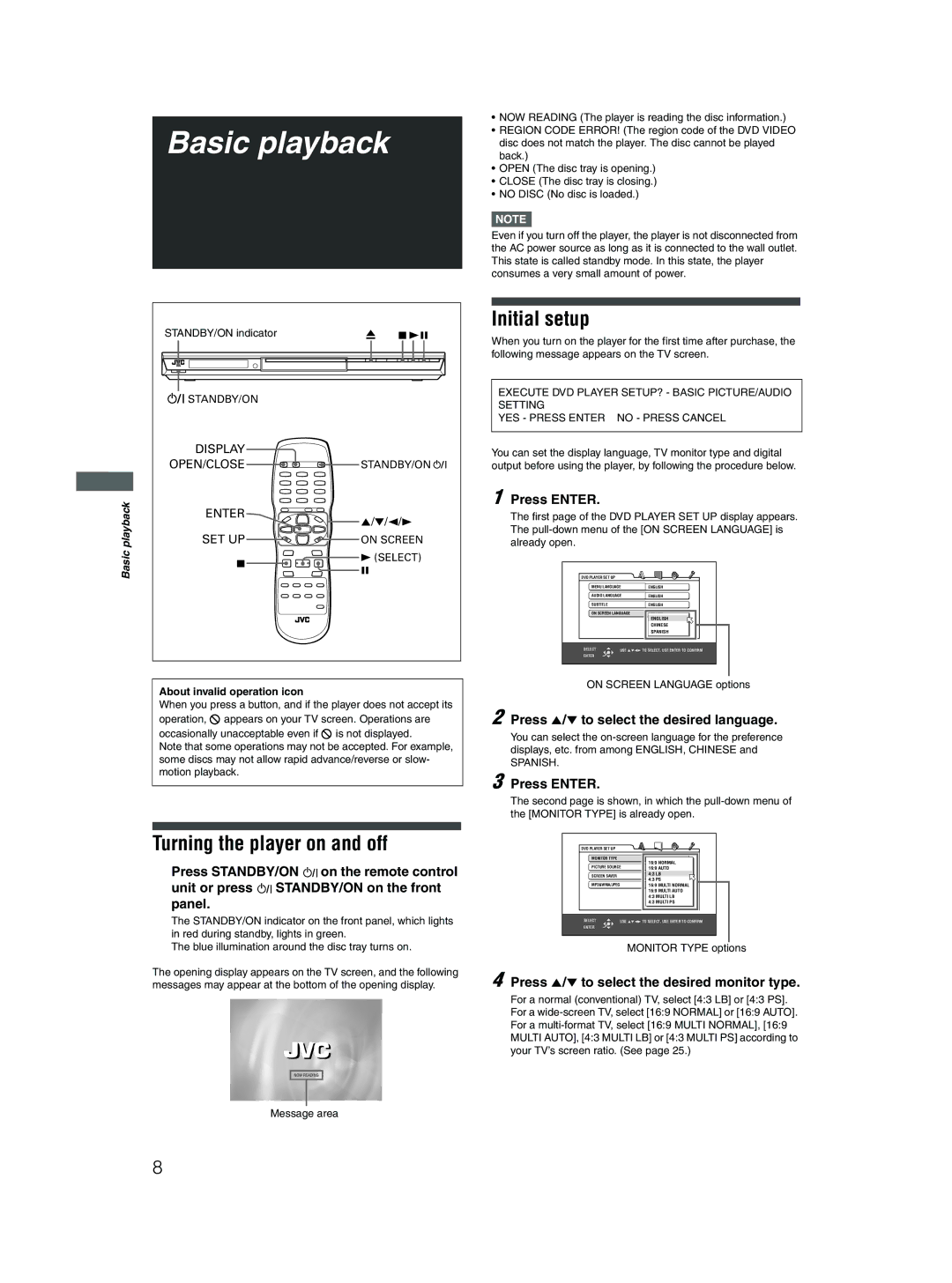 JVC XV-N412S manual Basic playback, Turning the player on and off, Initial setup 