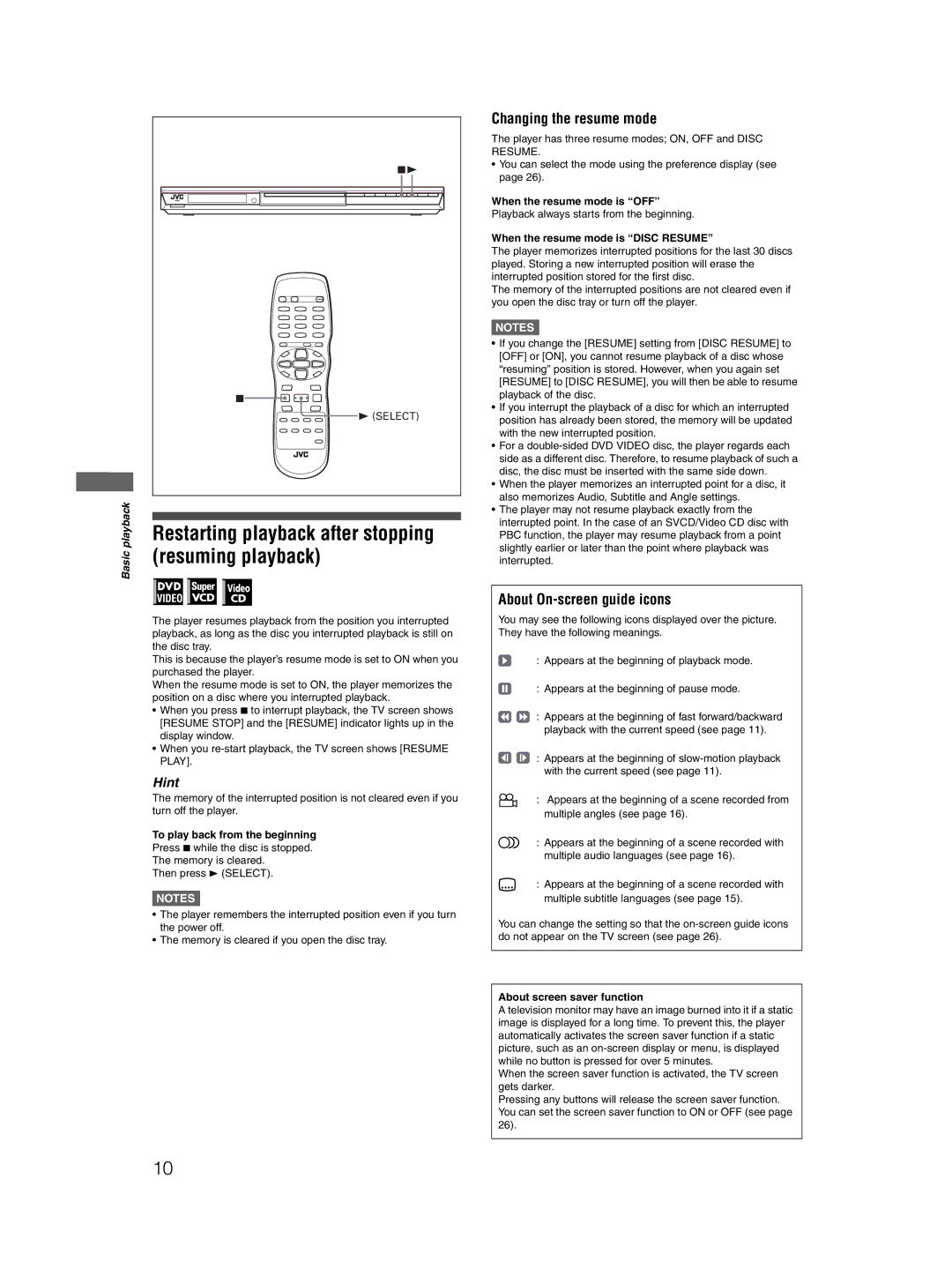 JVC XV-N412S Restarting playback after stopping resuming playback, Changing the resume mode, About On-screen guide icons 