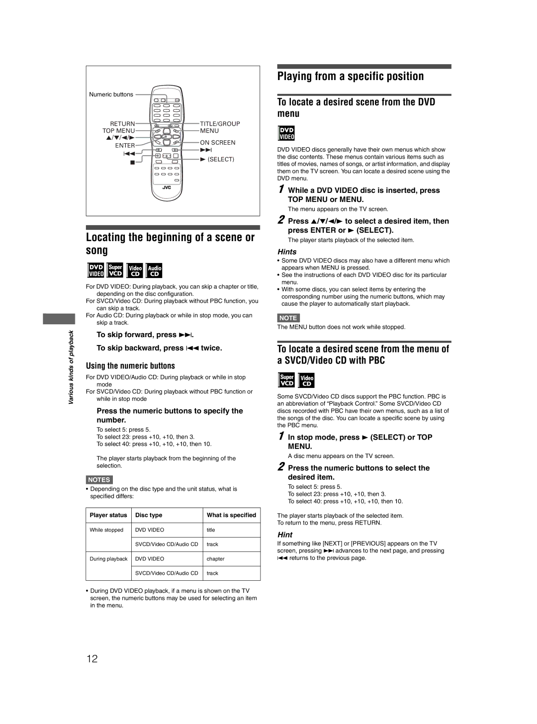 JVC XV-N412S manual Locating the beginning of a scene or song, Playing from a specific position, Using the numeric buttons 