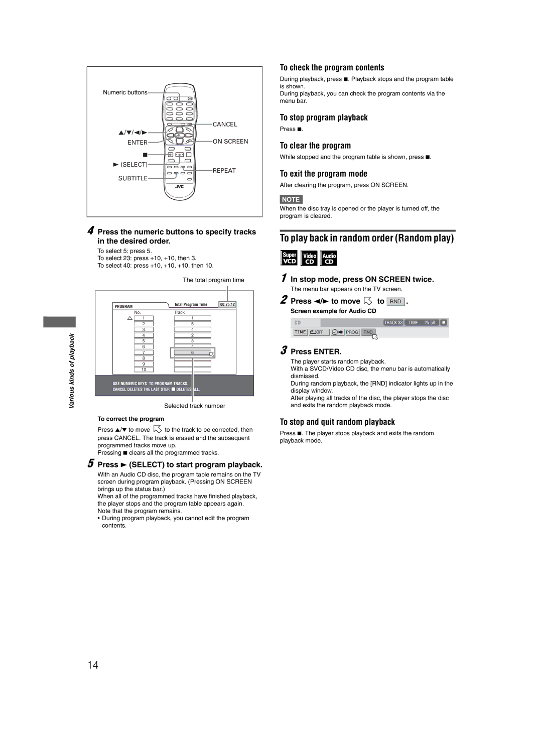 JVC XV-N412S manual To play back in random order Random play, To stop program playback, To clear the program 