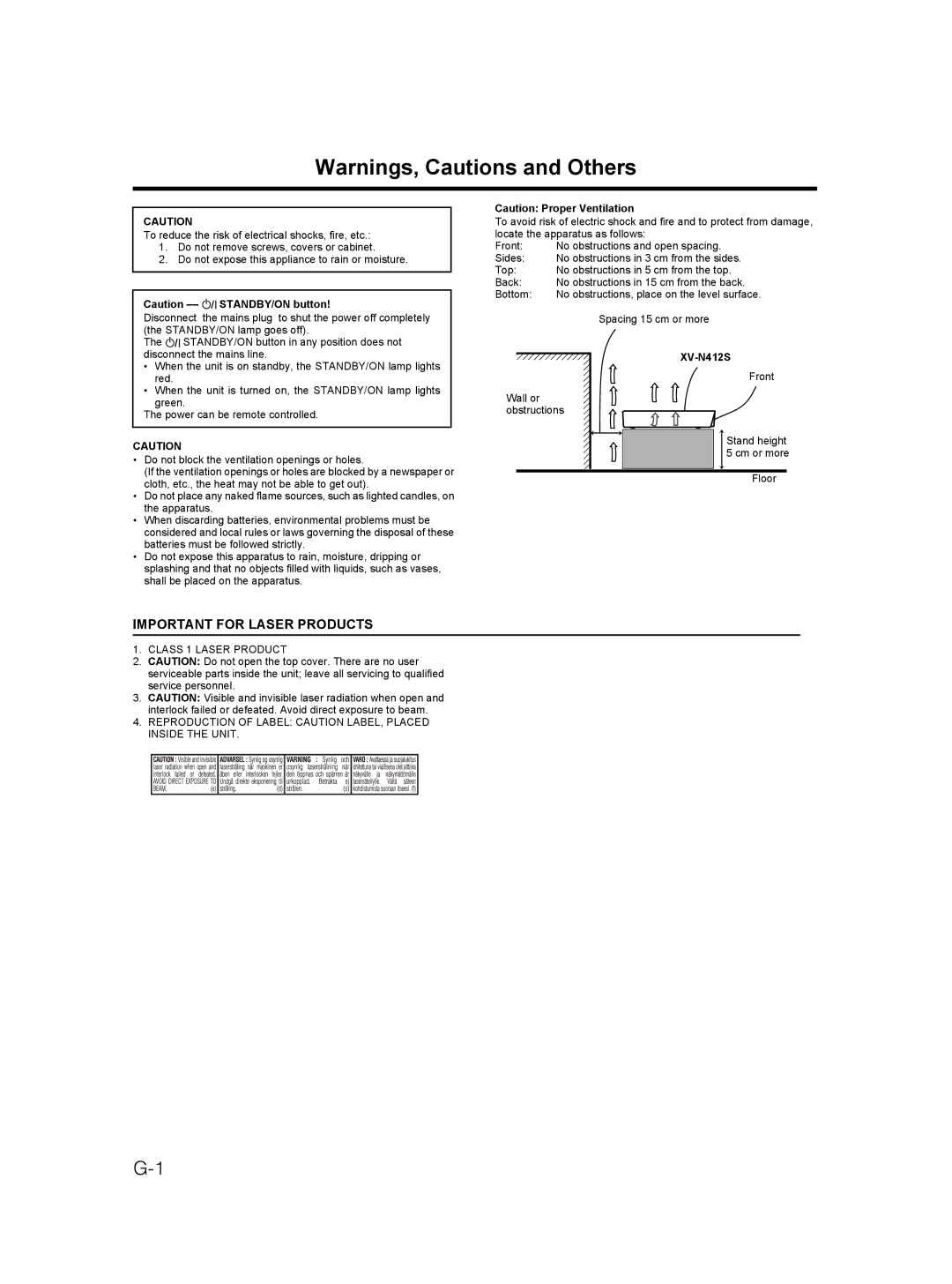 JVC XV-N412S manual Important for Laser Products 