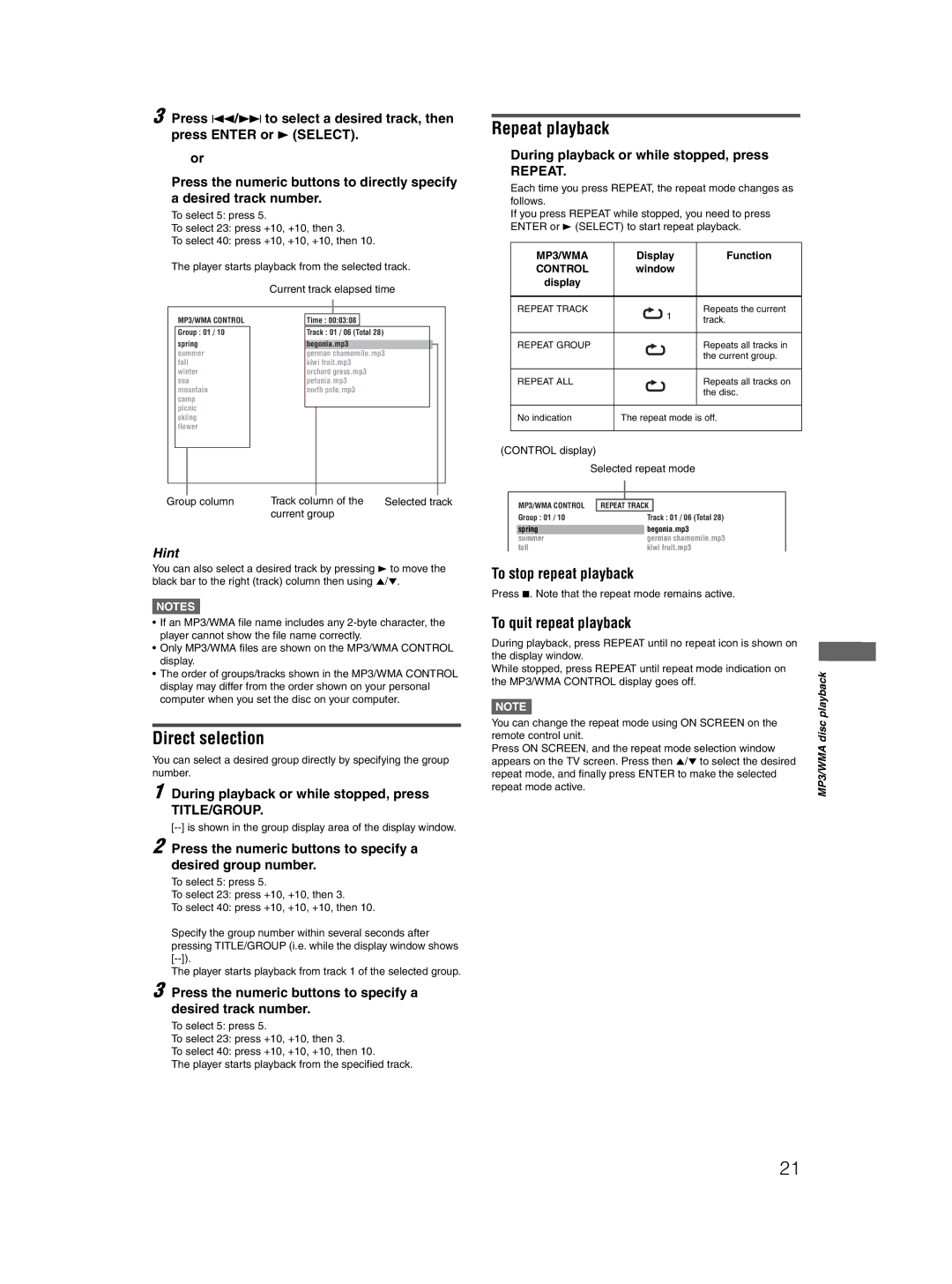 JVC XV-N412S manual Repeat playback, Direct selection, During playback or while stopped, press 