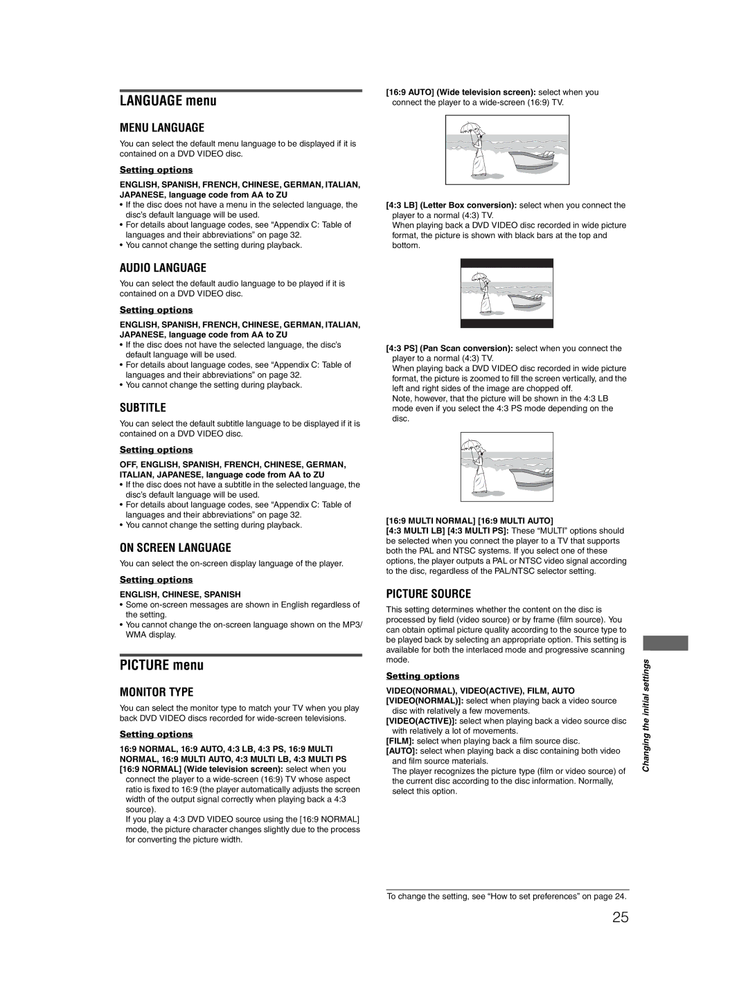 JVC XV-N412S manual Language menu, Picture menu, You can select the on-screen display language of the player 