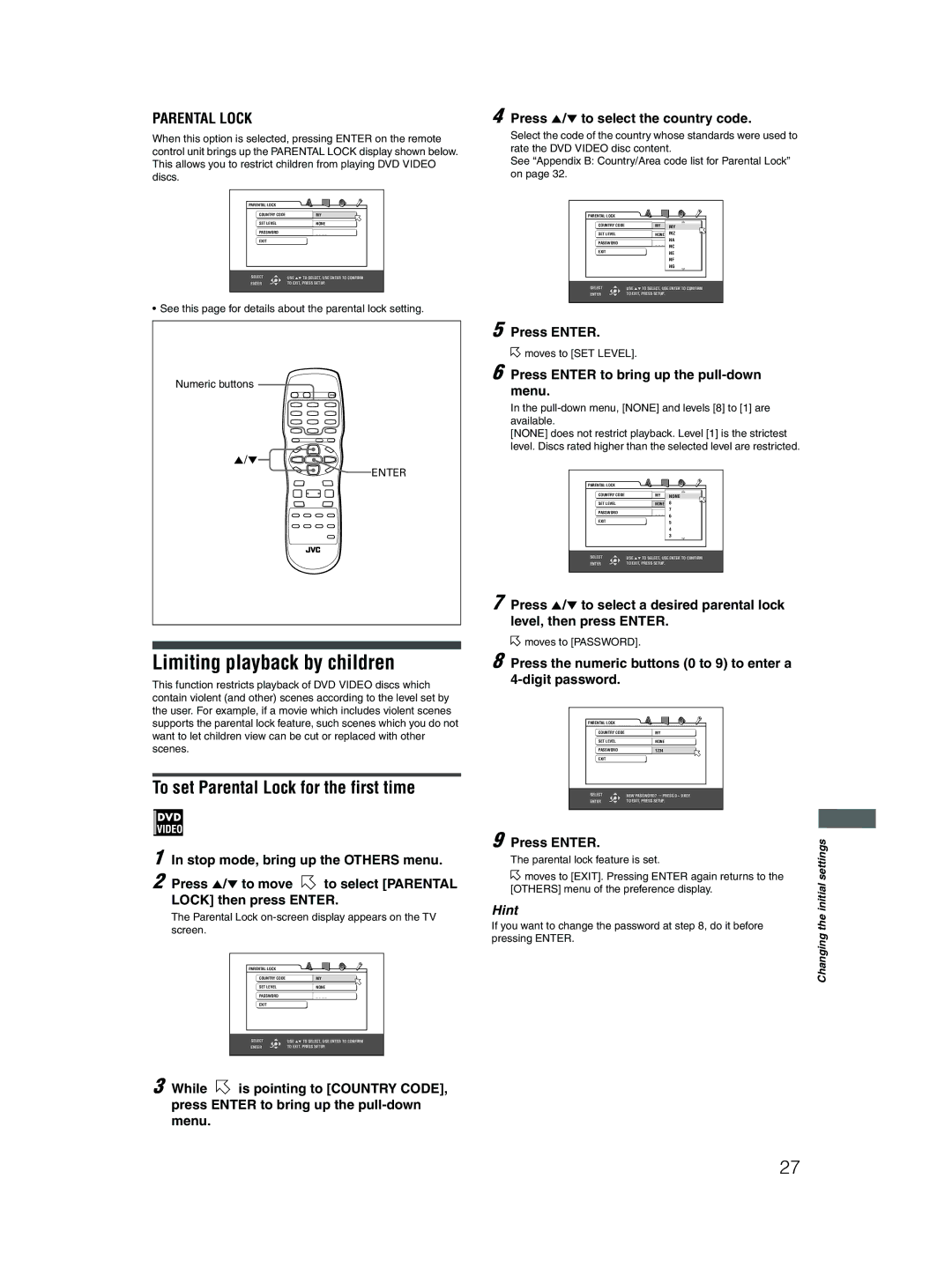 JVC XV-N412S Limiting playback by children, To set Parental Lock for the first time, Stop mode, bring up the Others menu 