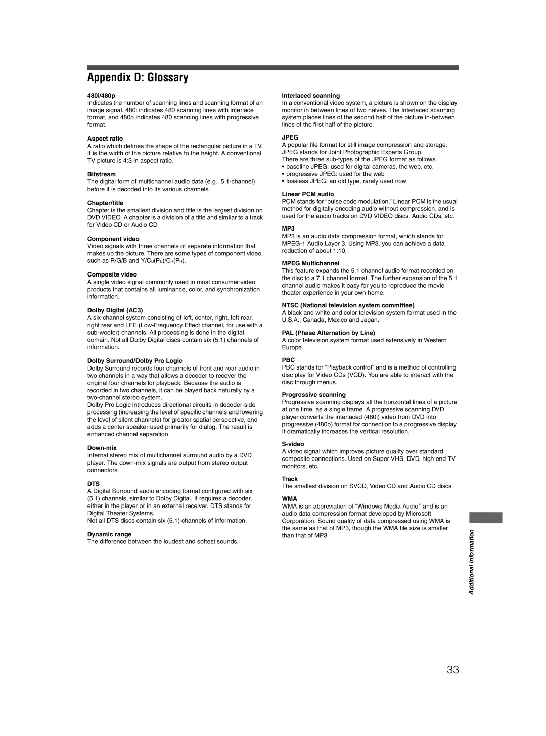 JVC XV-N412S manual Appendix D Glossary 