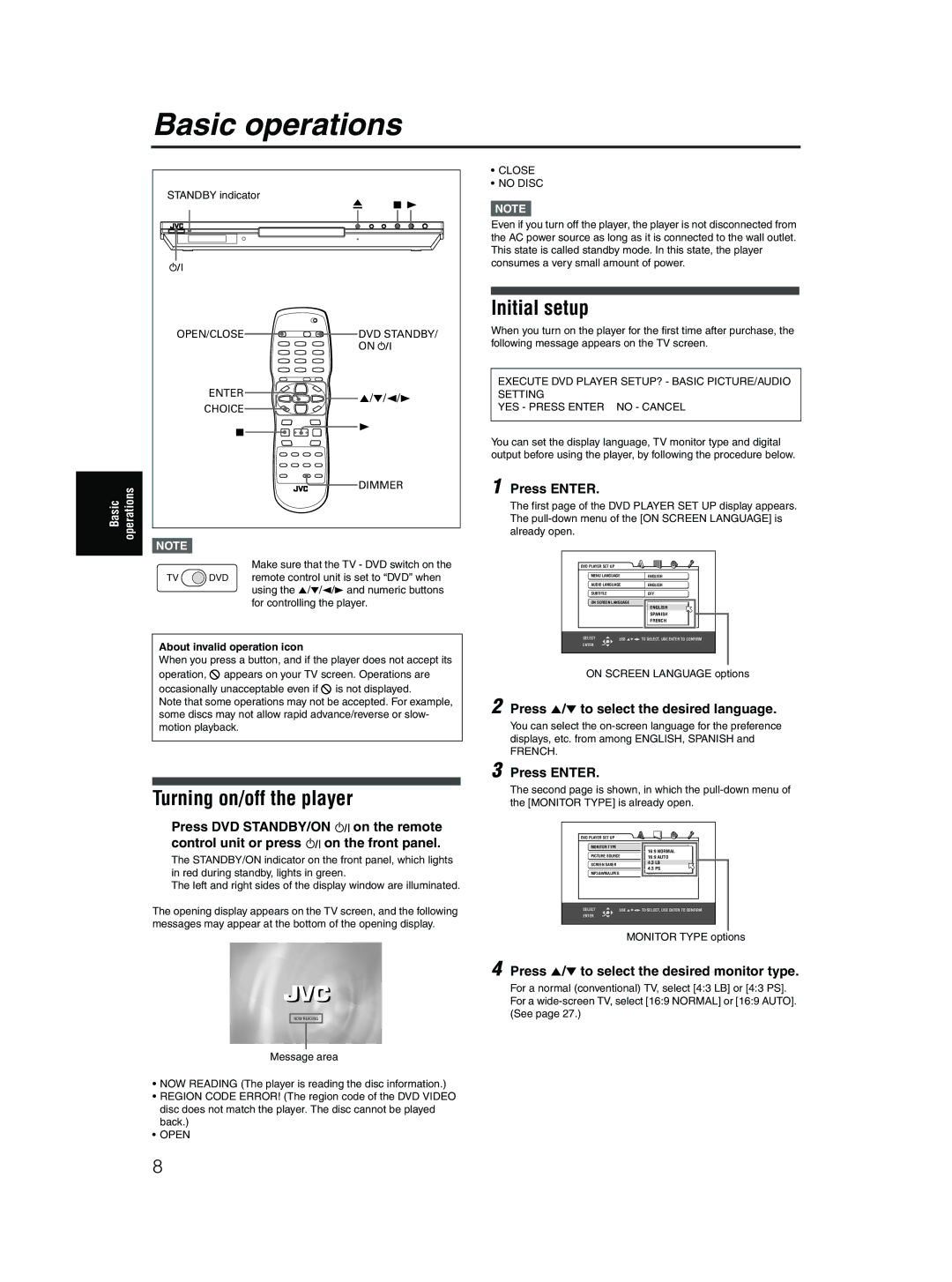 JVC XV-N50BK manual Basic operations, Initial setup, Turning on/off the player 