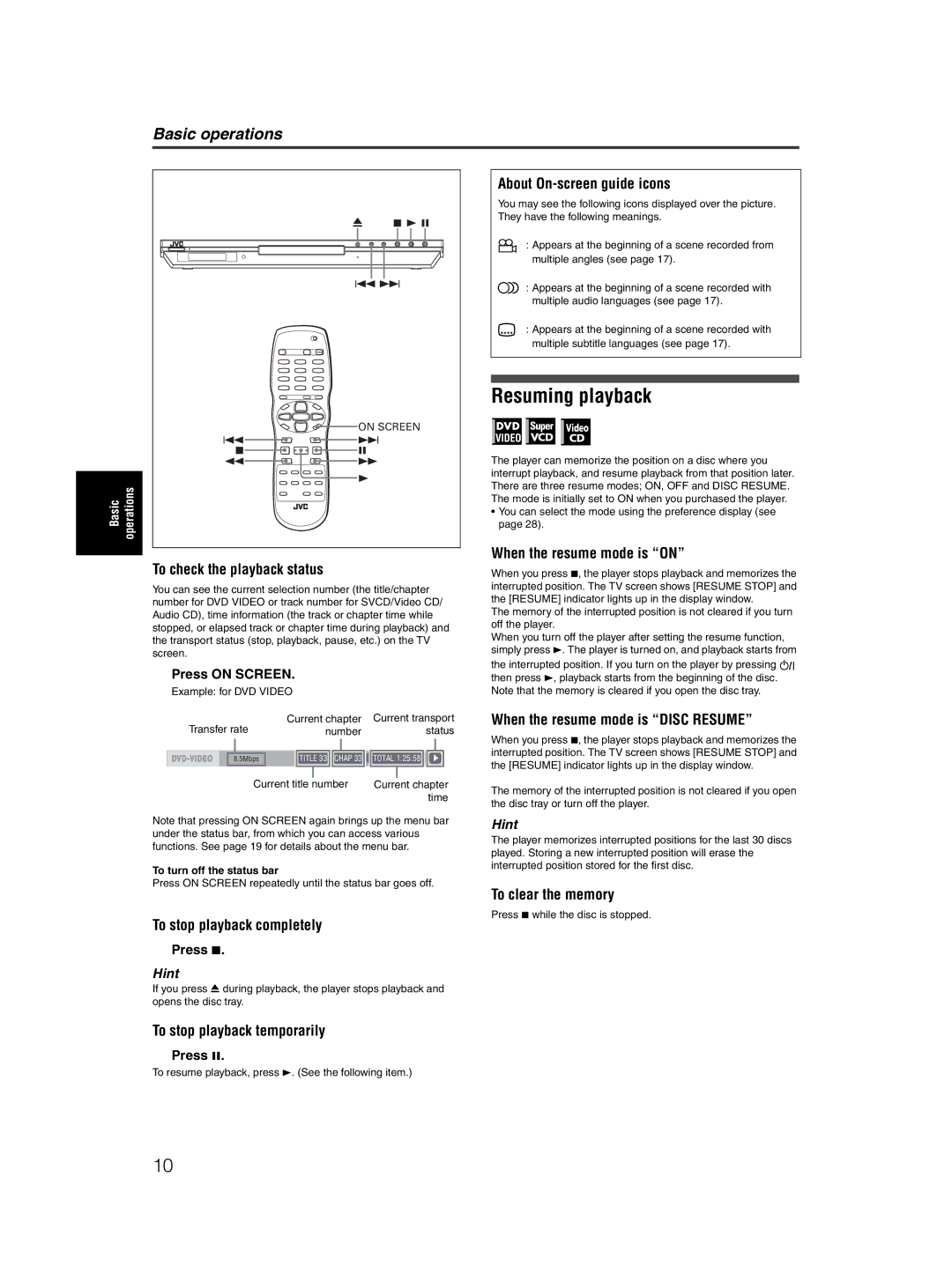 JVC XV-N50BK manual Resuming playback 