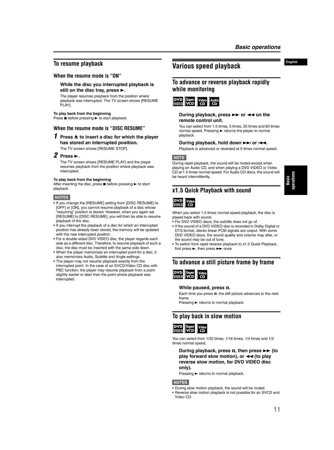 JVC XV-N50BK manual Various speed playback, To resume playback, To advance or reverse playback rapidly while monitoring 