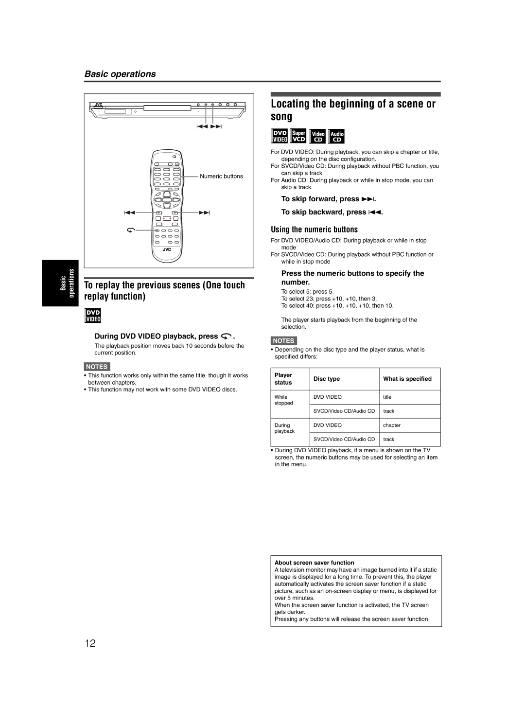 JVC XV-N50BK manual Locating the beginning of a scene or song, To replay the previous scenes One touch replay function 