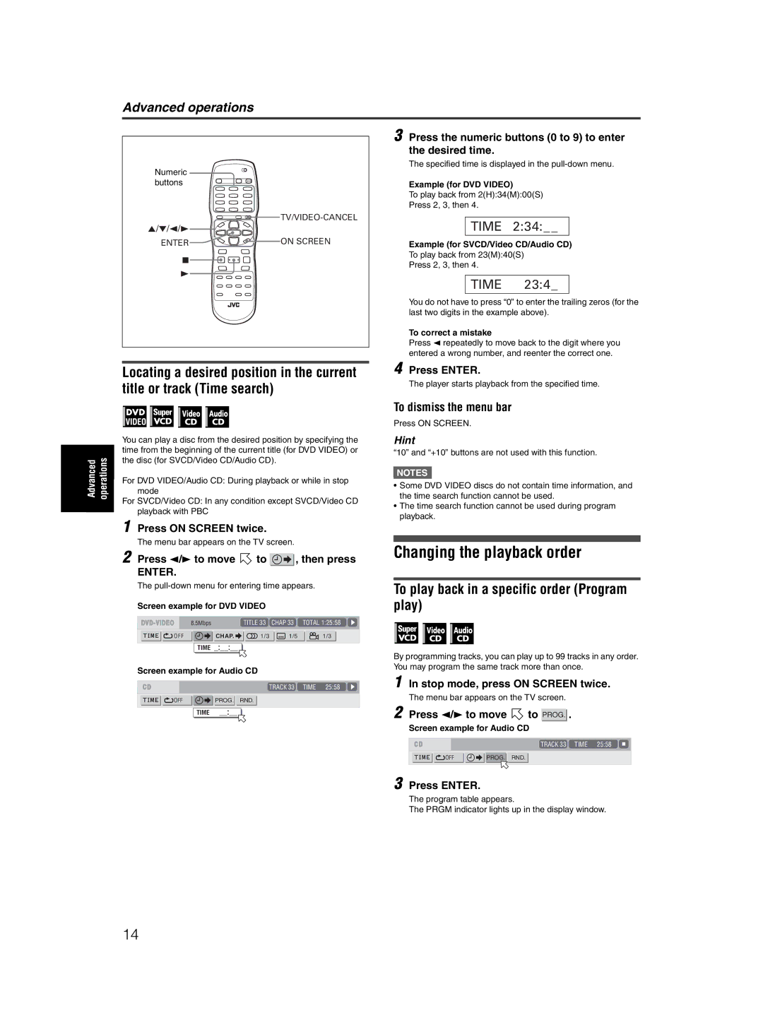 JVC XV-N50BK manual Changing the playback order, To play back in a specific order Program play, To dismiss the menu bar 