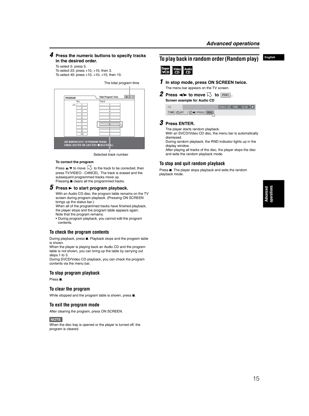 JVC XV-N50BK To play back in random order Random play, To stop and quit random playback, To check the program contents 