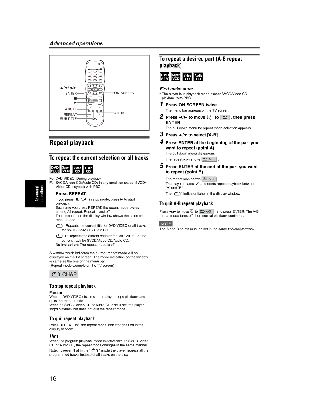 JVC XV-N50BK manual Repeat playback, To repeat a desired part A-B repeat playback, To stop repeat playback 