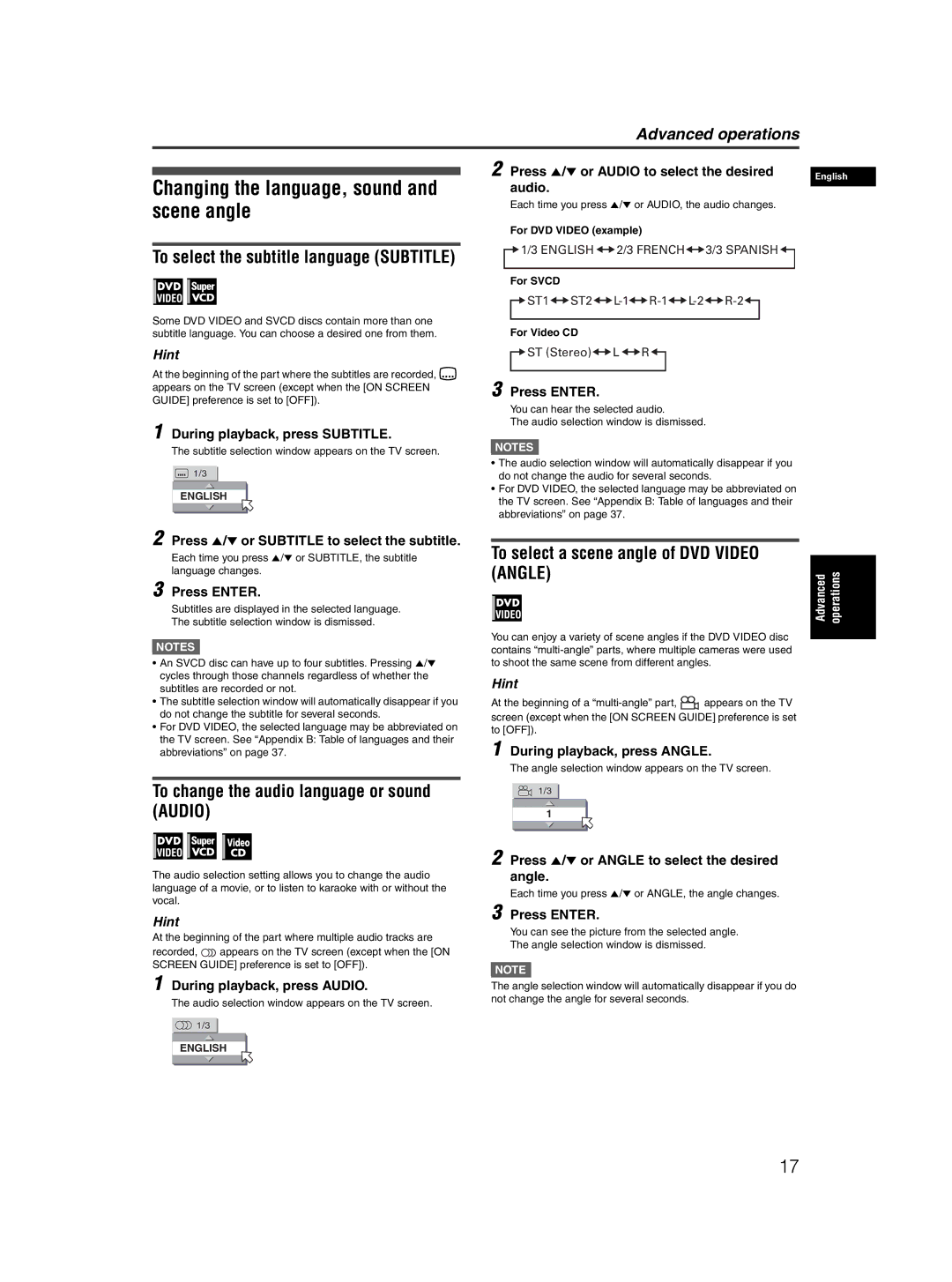 JVC XV-N50BK manual Scene angle, To change the audio language or sound Audio, To select a scene angle of DVD Video Angle 