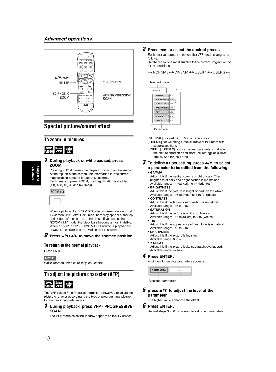 JVC XV-N50BK manual Special picture/sound effect, To zoom in pictures, To adjust the picture character VFP 