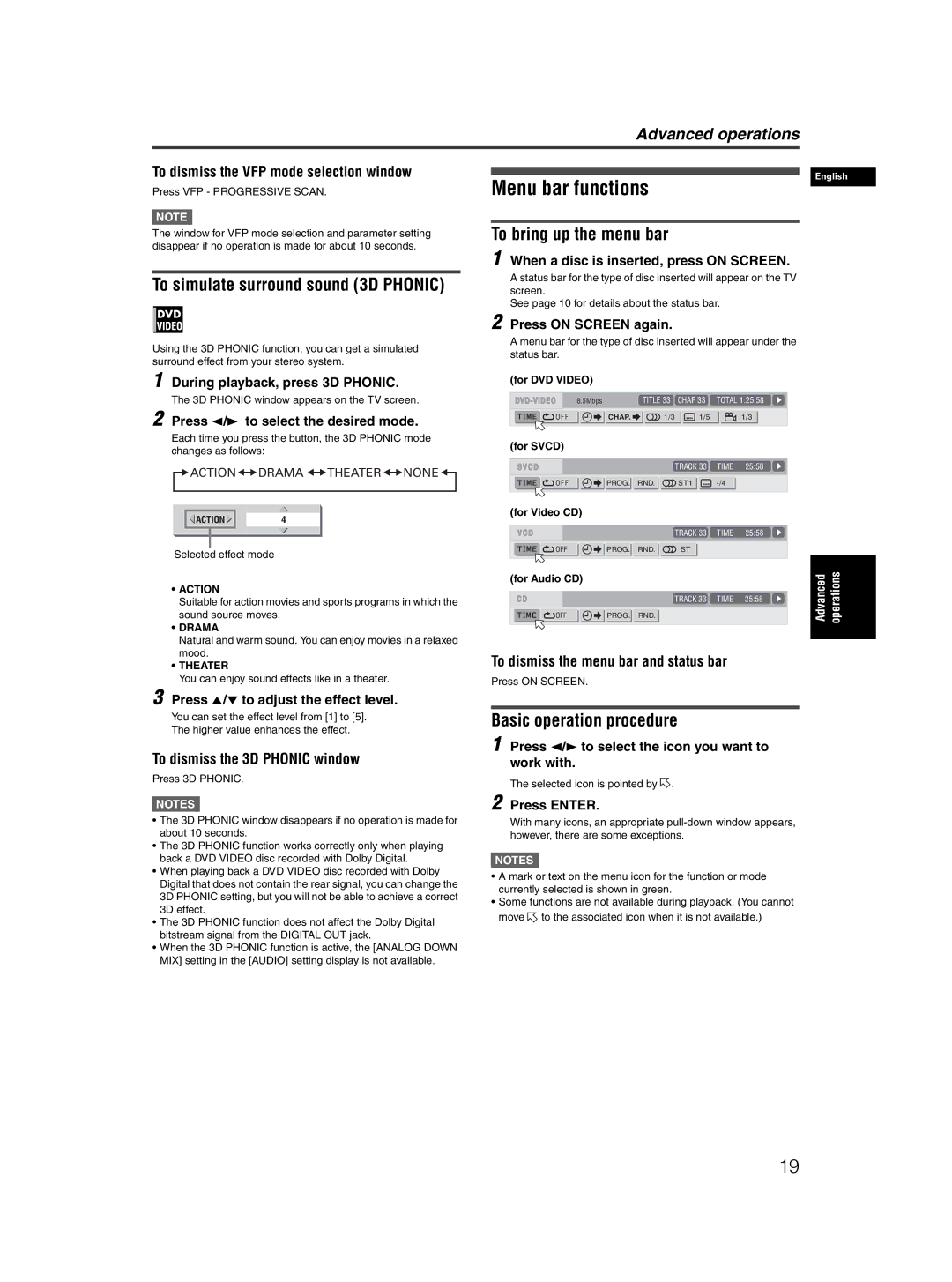 JVC XV-N50BK Menu bar functions, To simulate surround sound 3D Phonic, To bring up the menu bar, Basic operation procedure 