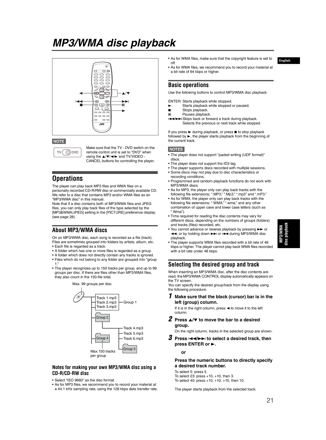 JVC XV-N50BK manual MP3/WMA disc playback, Operations, About MP3/WMA discs, Basic operations 