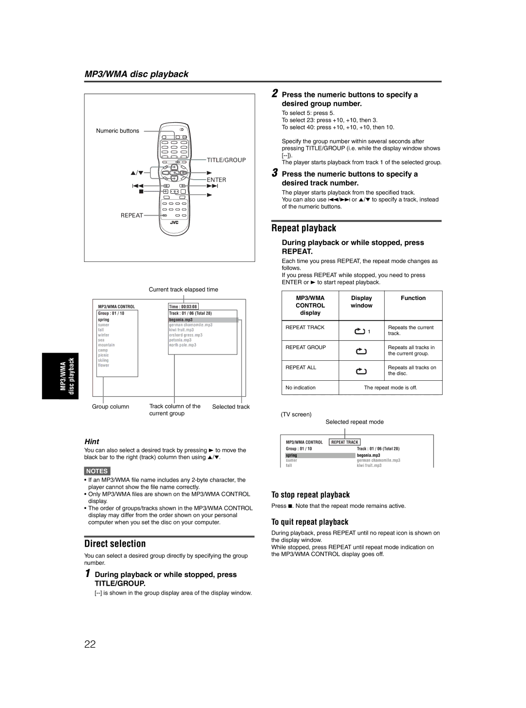 JVC XV-N50BK manual Repeat playback, Direct selection, Press the numeric buttons to specify a desired group number 