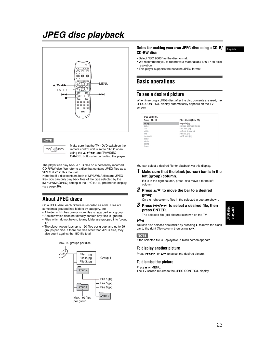 JVC XV-N50BK manual Jpeg disc playback, Basic operations, About Jpeg discs, To see a desired picture 