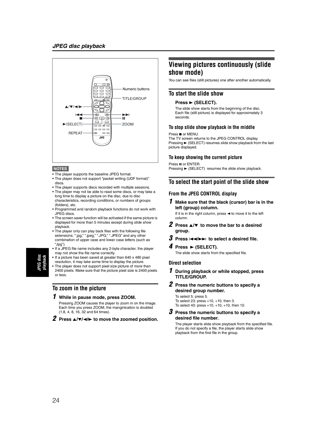 JVC XV-N50BK manual Viewing pictures continuously slide show mode, To zoom in the picture, To start the slide show 