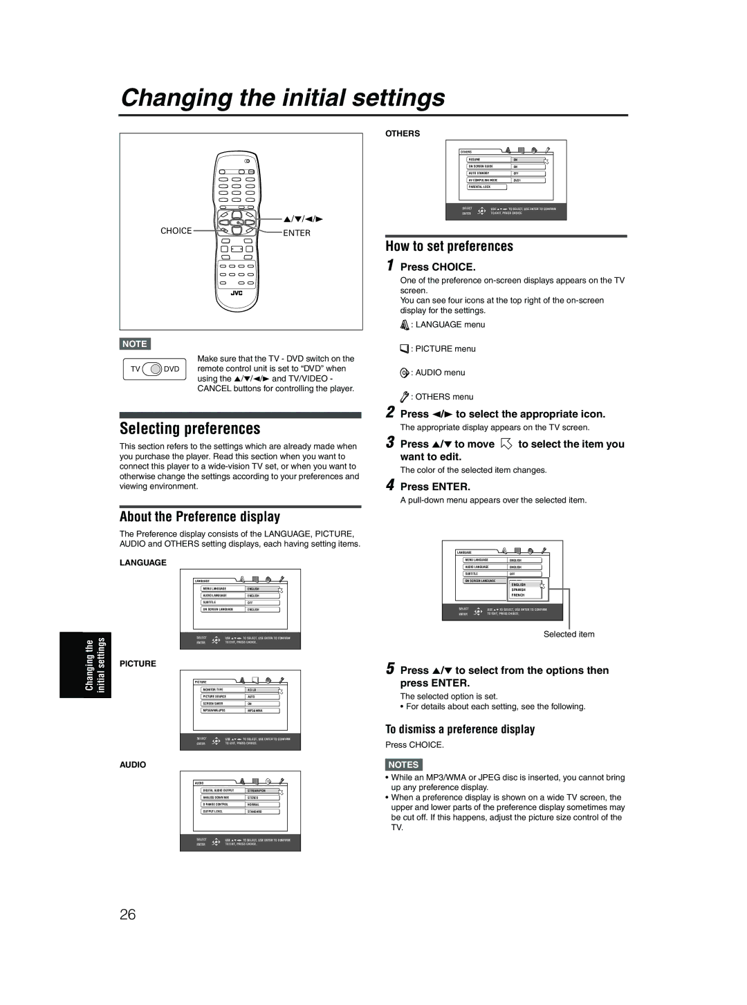 JVC XV-N50BK Changing the initial settings, Selecting preferences, How to set preferences, About the Preference display 