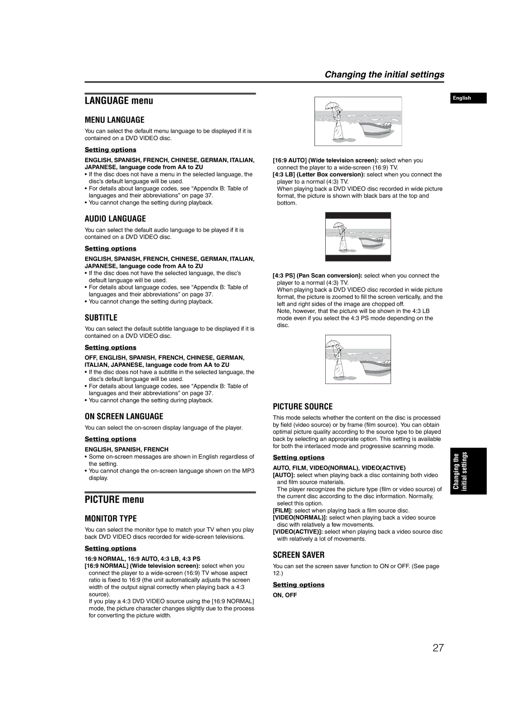 JVC XV-N50BK manual Language menu, Picture menu, ENGLISH, SPANISH, French, AUTO, FILM, VIDEONORMAL, Videoactive, On, Off 