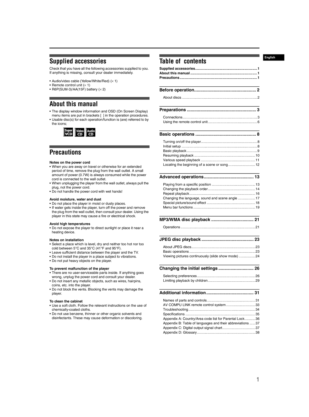 JVC XV-N50BK Supplied accessories, About this manual, Table of contents, Precautions 